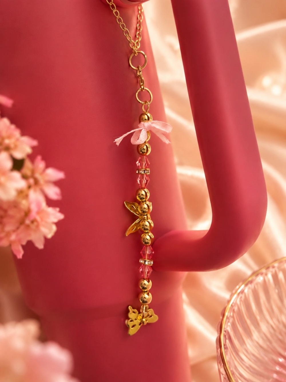 Gold Butterfly Charm with Pink Beads